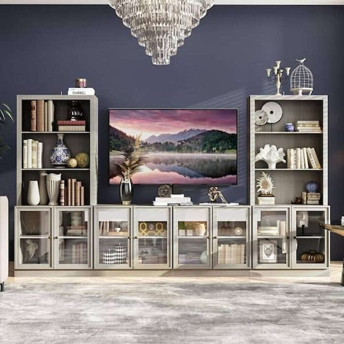 Gray Wood 4 Piece Entertainment Center TV Stand Media Console Fits TV's up to 60 in. with Bookshelves and Glass Door