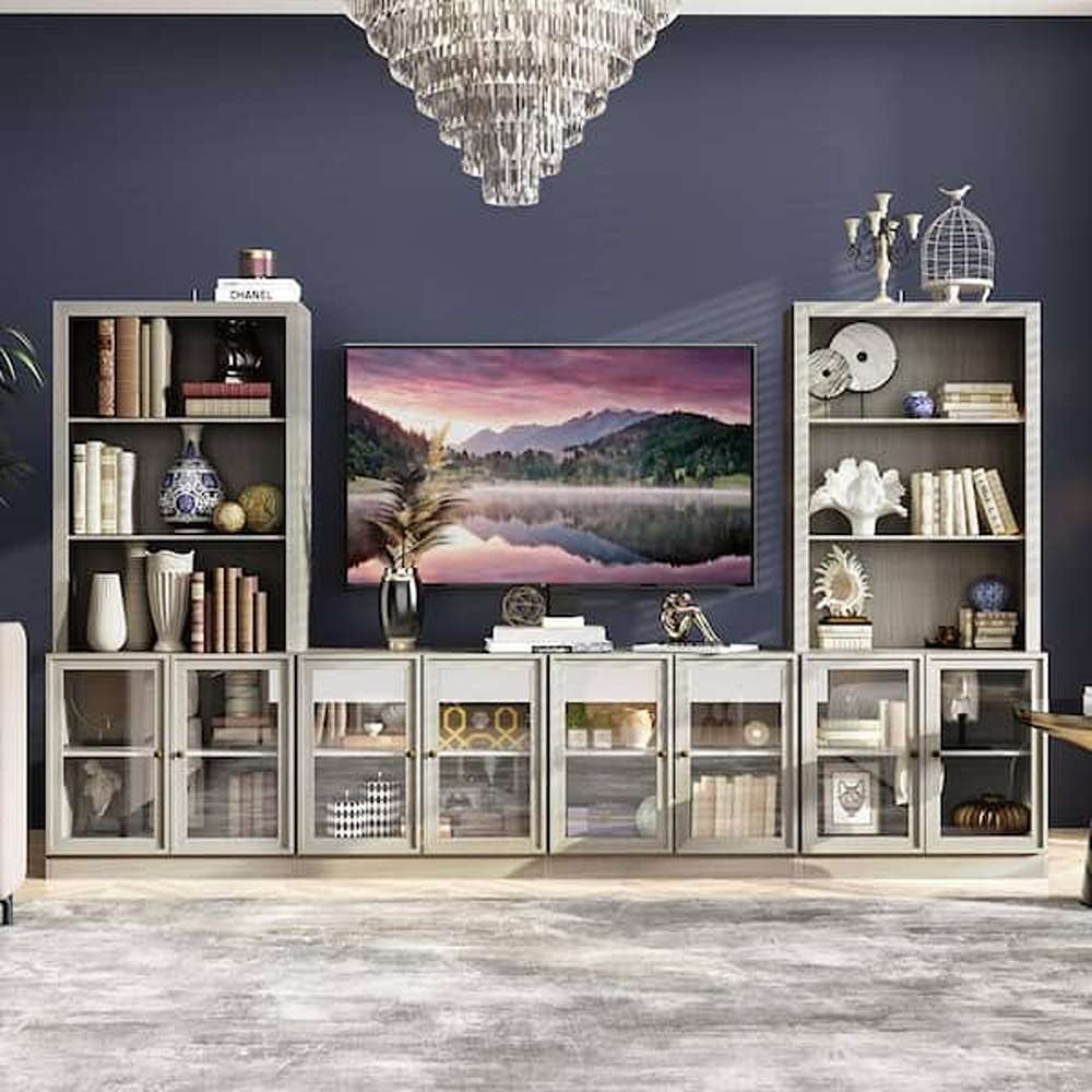 Gray Wood 4 Piece Entertainment Center TV Stand Media Console Fits TV's up to 60 in. with Bookshelves and Glass Door
