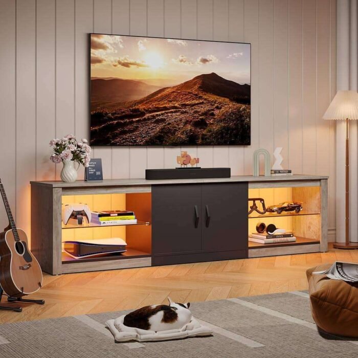 70 in. Grey Wash TV Stand Fits TV's Up to 75 in. LED Entertainment Center with Adjustable Shelves and Cabinet
