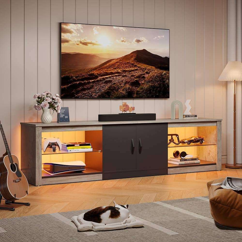 70 in. Grey Wash TV Stand Fits TV's Up to 75 in. LED Entertainment Center with Adjustable Shelves and Cabinet